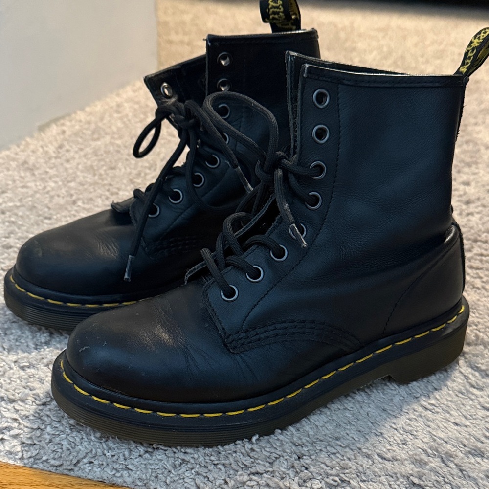 Dr. Martens Black Leather Combat Boots with Yellow Stitching